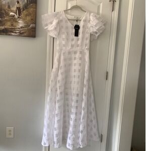 Sisjuly‎ White Sheer Checkered Maxi Dress Ruffle Sleeve V-Neck Size L NWT